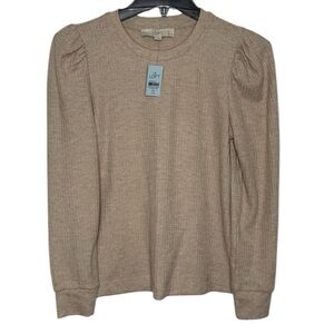 NWT LOFT | Puff Shoulder Waffle Knit Long Sleeve Blouse Shirt Top Crew Neck